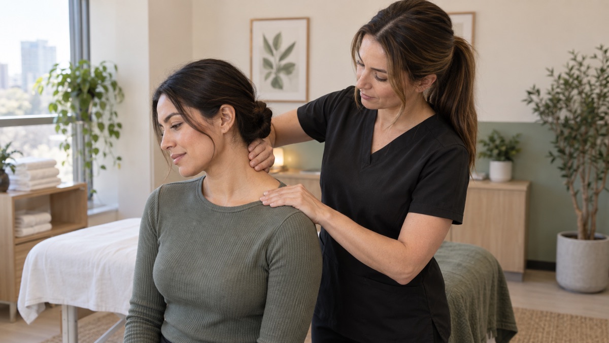 Practitioner assessing neck and shoulder tension for an office worker at a North York wellness clinic